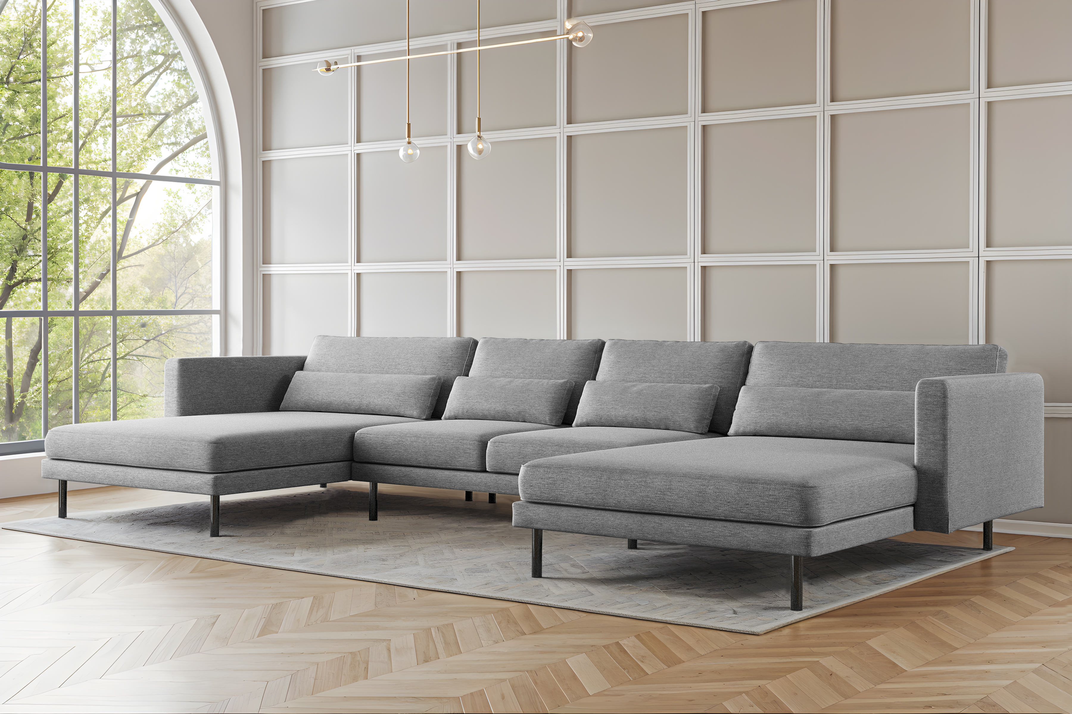 Elegantes Ecksofa DANI U mit Verita-Stoff in modernem Wohnzimmer – großes U-förmiges Sofa mit Kissen und Metallfüßen, Verita 81